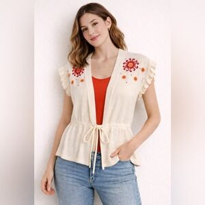 Tommy Hilfiger Cream Embroidered Tie Front Peplum‎ Top Boho Small Vest/blouse